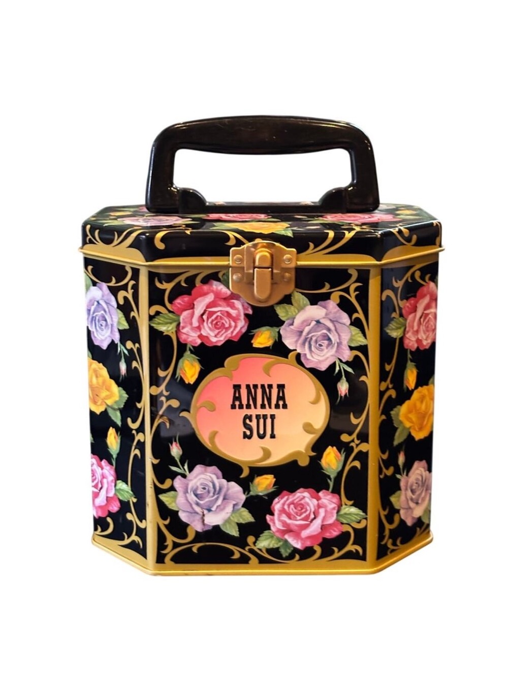 Anna Sui Black Floral Tin with Gold Trim